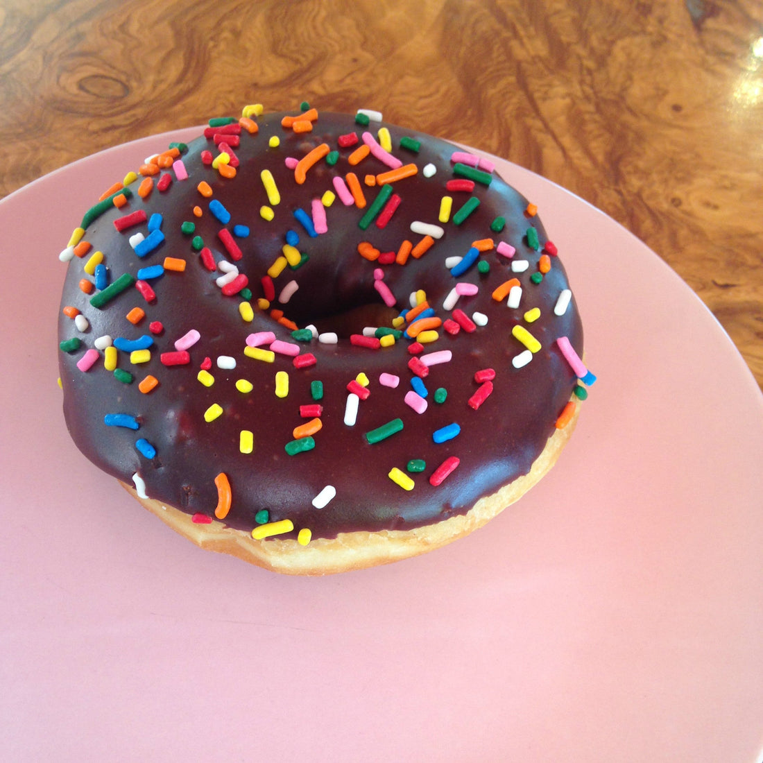 Chocolate donut with sprinkles on a pink plate.