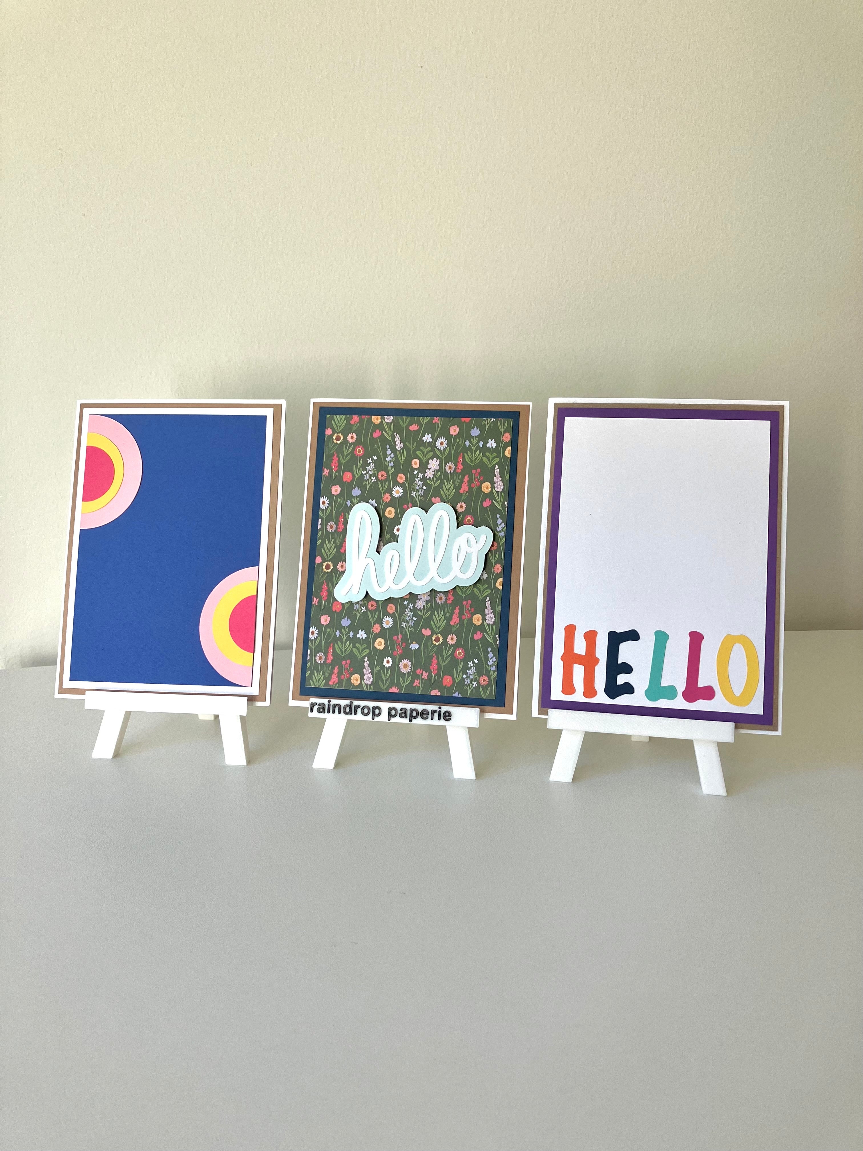 3 handmade greeting cards on small raindrop paperie easels - colorful and bright