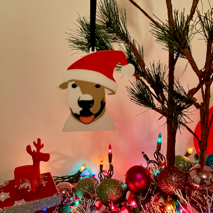 Bull Terrier with a big Santa hat