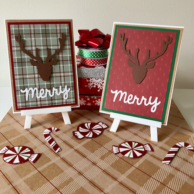 Two Christmas-themed greeting cards with reindeer designs on stands, surrounded by decorative ribbons and candy canes.