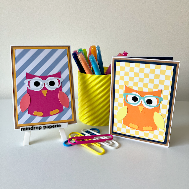 Two handmade greeting cards with owls wearing glasses. 