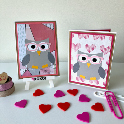 Two handmade greeting cards with owls wearing glasses and Valentine's Day decorations.