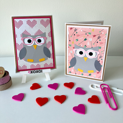 Two handmade greeting cards with owls wearing glasses and Valentine's Day decorations.