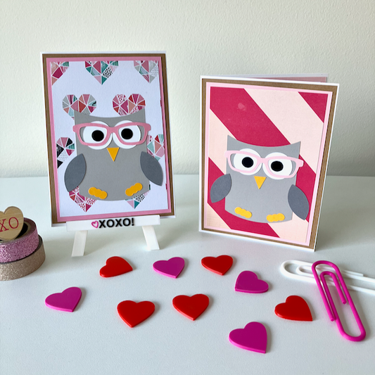 Two handmade greeting cards with owls wearing glasses and Valentine's Day decorations.