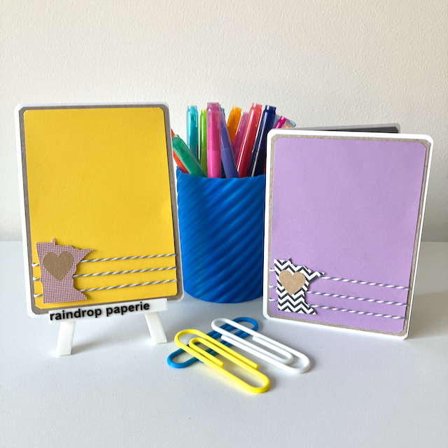 Two handmade greeting cards in bright colors with the state of Minnesota. 