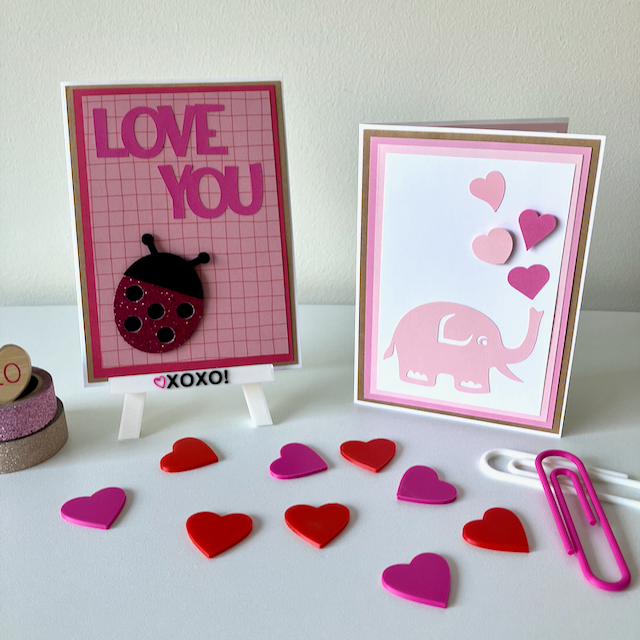 Two handmade greeting cards with Valentine's Day themes. 