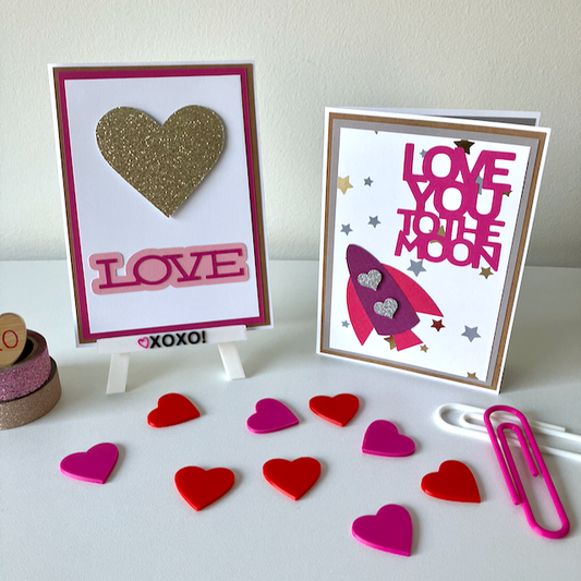 Two handmade greeting cards with Valentine's Day themes. 