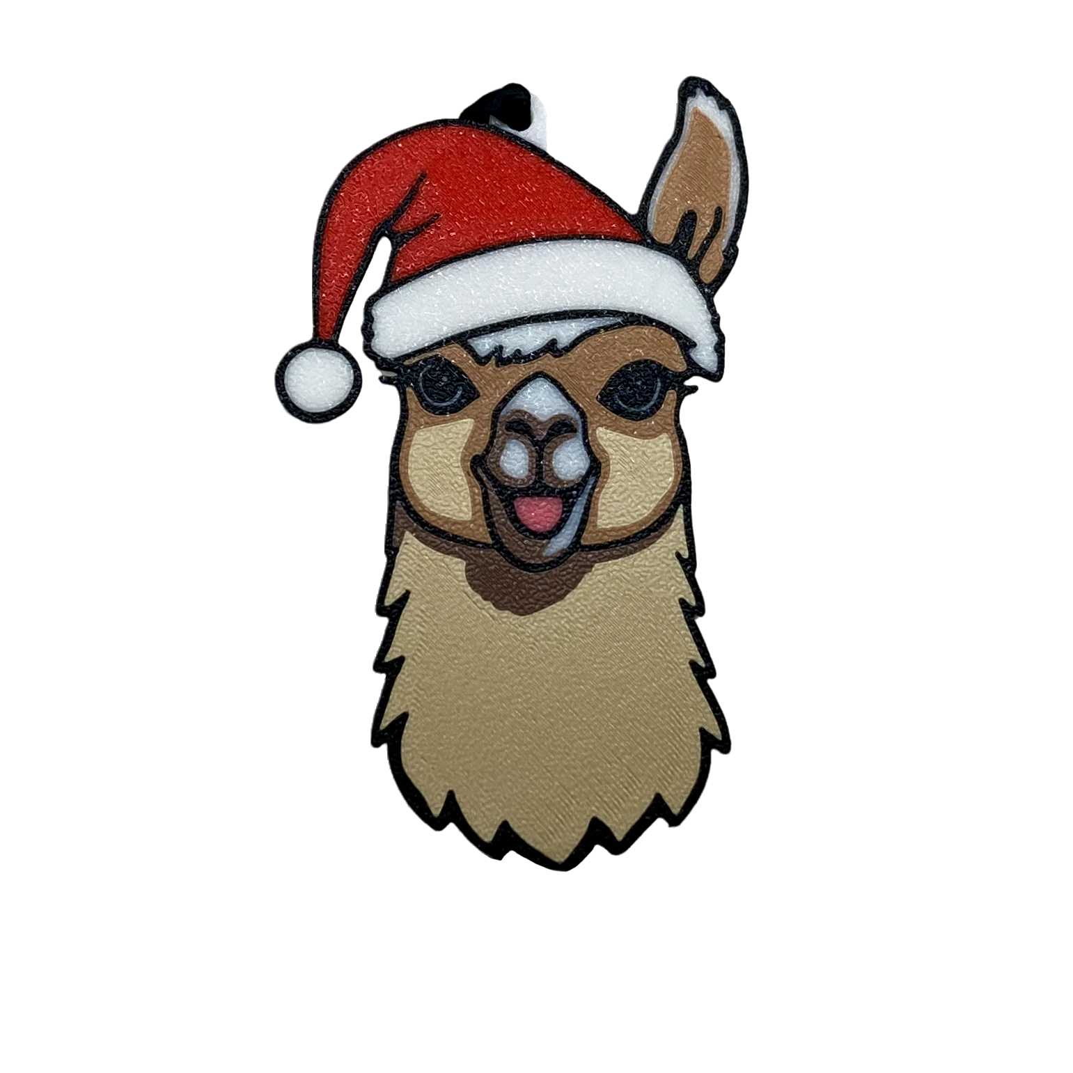 A llama ornament wearing a red Santa hat, shown on a plain white background.