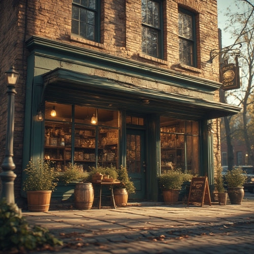 Vintage-style store front with potted plants and a sign on a brick building.
